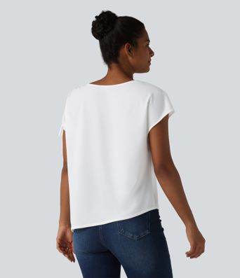 Wrinkle-resistant Boat Neck Drawstring Asymmetric Hem Work Chiffon T-Shirt