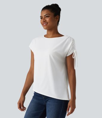 Wrinkle-resistant Boat Neck Drawstring Asymmetric Hem Work Chiffon T-Shirt