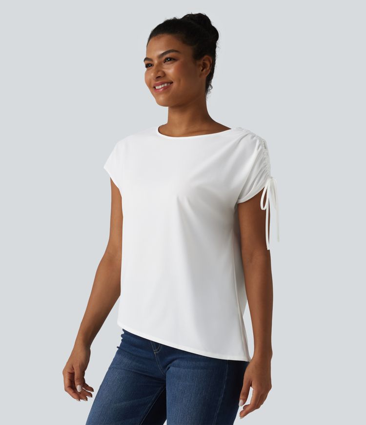 Wrinkle-resistant Boat Neck Drawstring Asymmetric Hem Work Chiffon T-Shirt