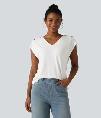 T-shirt décontracté col V manches courtes boutons décoratifs