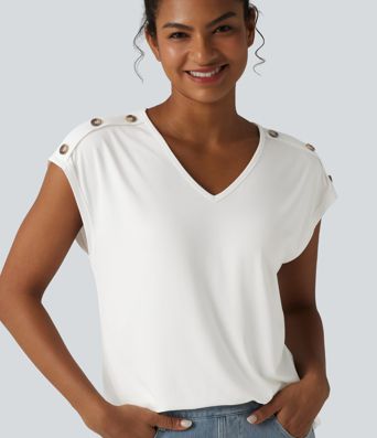 T-shirt décontracté col V manches courtes boutons décoratifs