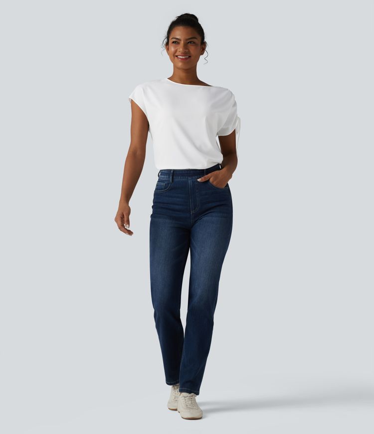 Wrinkle-resistant Boat Neck Drawstring Asymmetric Hem Work Chiffon T-Shirt