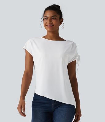 Wrinkle-resistant Boat Neck Drawstring Asymmetric Hem Work Chiffon T-Shirt