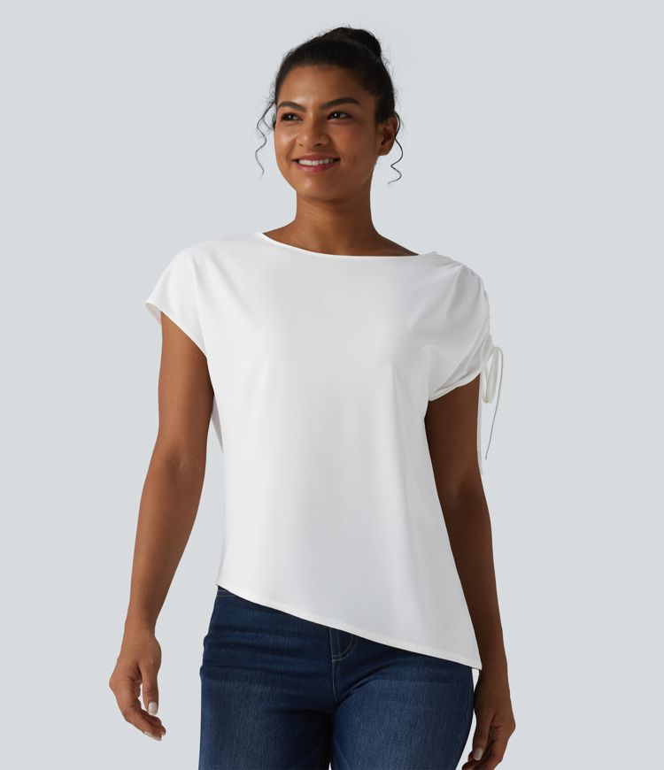 Wrinkle-resistant Boat Neck Drawstring Asymmetric Hem Work Chiffon T-Shirt