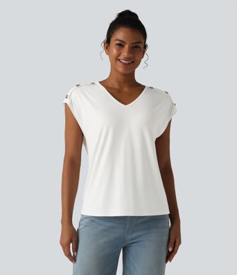 T-shirt décontracté col V manches courtes boutons décoratifs