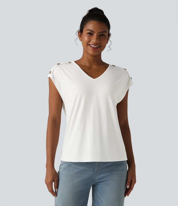 T-shirt décontracté col V manches courtes boutons décoratifs