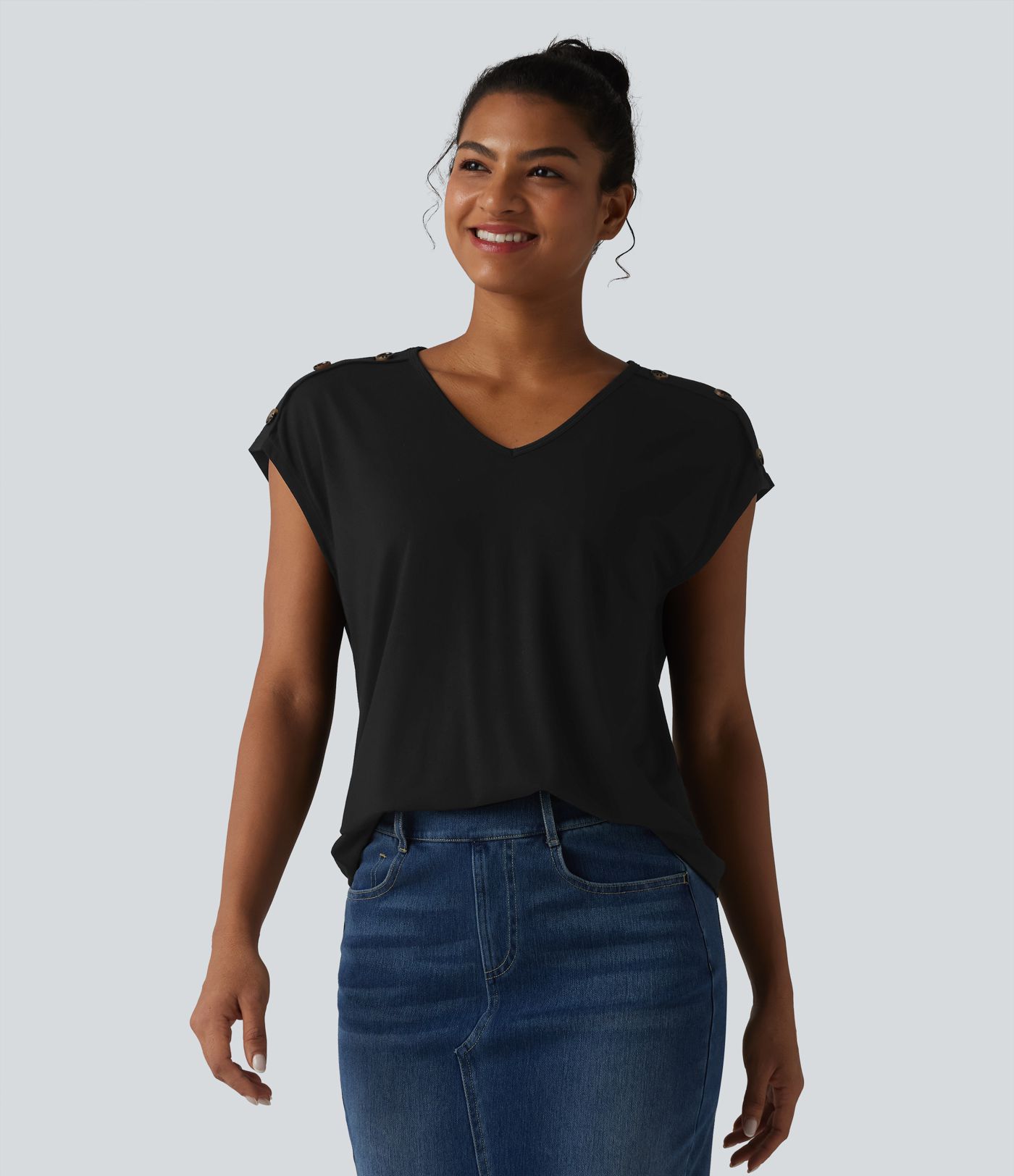 V Neck Decorative Button Cap Sleeve Relaxed Casual T-Shirt