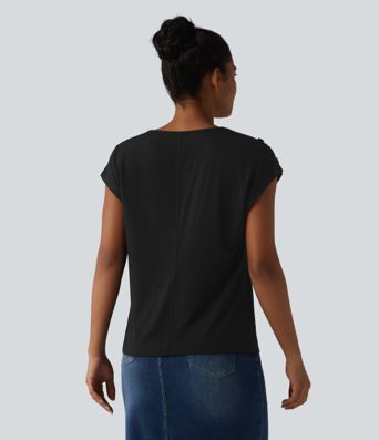 V Neck Decorative Button Cap Sleeve Relaxed Casual T-Shirt