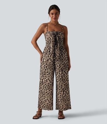 Tie-front Shirred Leopard Mesh Casual Slip Baggy Jumpsuit with Pockets Tie-front Shirred Leopard Mesh Casual Slip Baggy Jumpsuit with Pockets