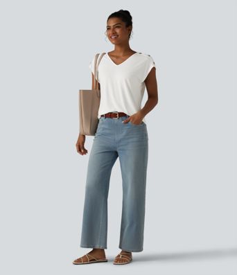 T-shirt décontracté col V manches courtes boutons décoratifs