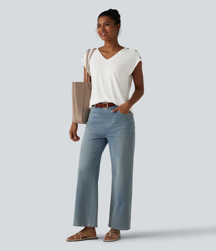 T-shirt décontracté col V manches courtes boutons décoratifs