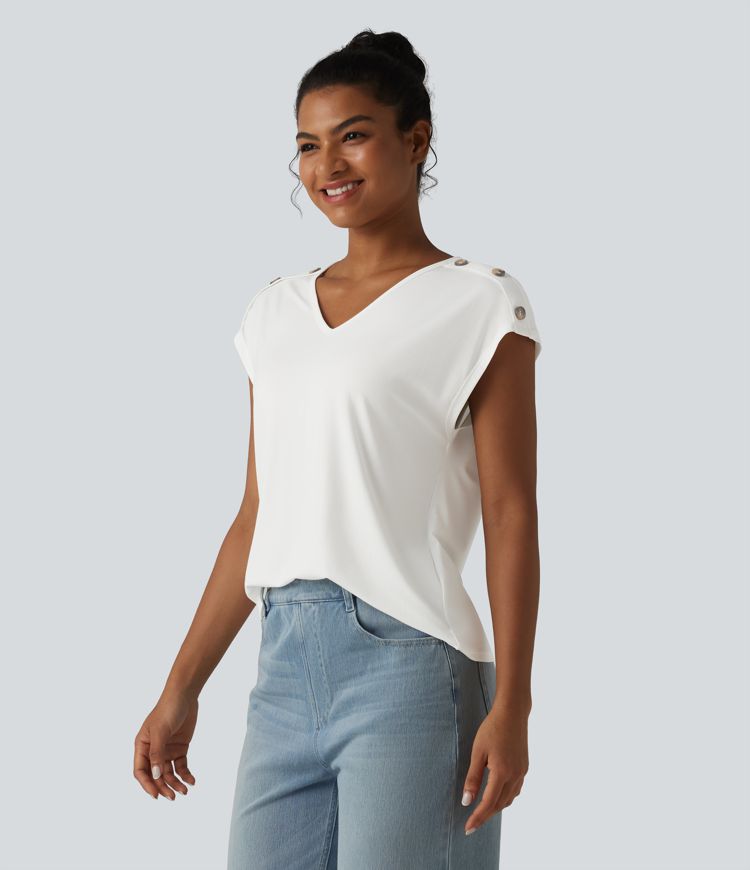 T-shirt décontracté col V manches courtes boutons décoratifs