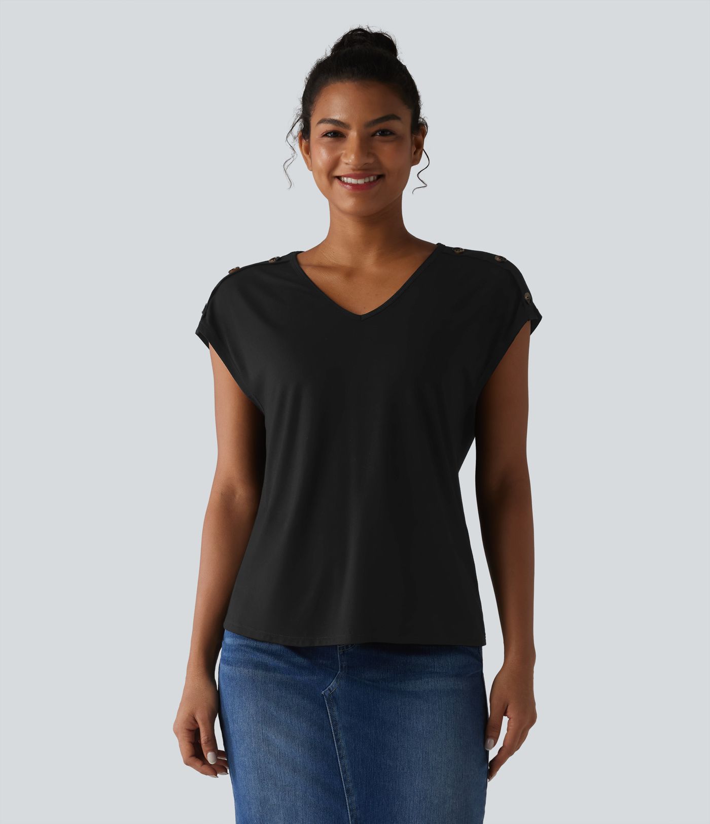 V Neck Decorative Button Cap Sleeve Relaxed Casual T-Shirt