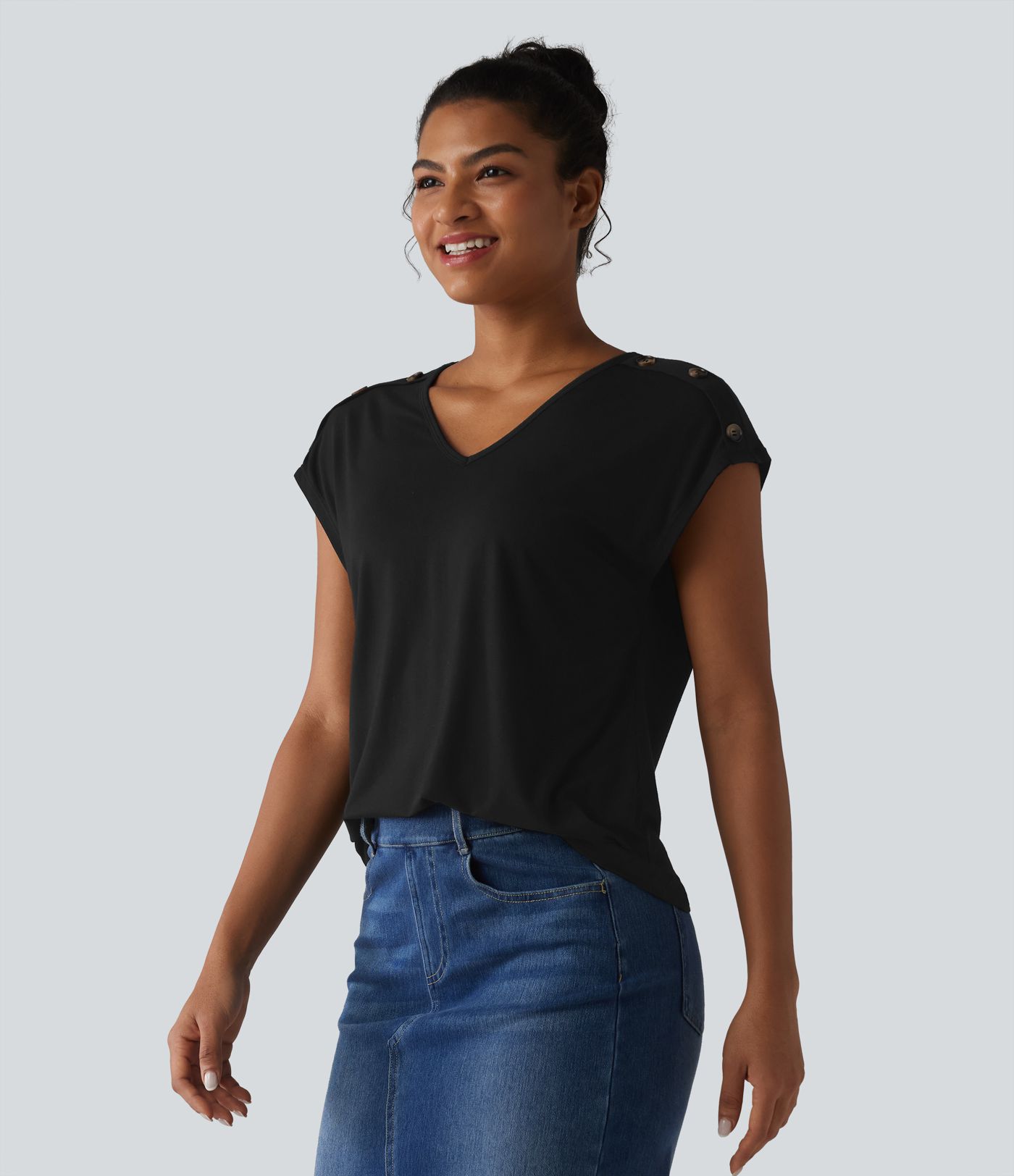 V Neck Decorative Button Cap Sleeve Relaxed Casual T-Shirt