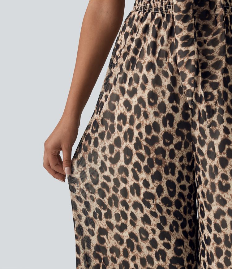 Tie-front Shirred Leopard Mesh Casual Slip Baggy Jumpsuit with Pockets Tie-front Shirred Leopard Mesh Casual Slip Baggy Jumpsuit with Pockets