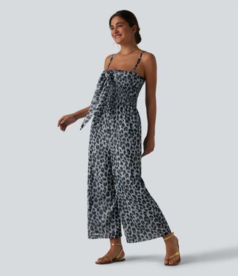 Tie-front Shirred Leopard Mesh Casual Slip Baggy Jumpsuit with Pockets Tie-front Shirred Leopard Mesh Casual Slip Baggy Jumpsuit with Pockets