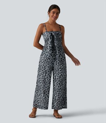 Tie-front Shirred Leopard Mesh Casual Slip Baggy Jumpsuit with Pockets Tie-front Shirred Leopard Mesh Casual Slip Baggy Jumpsuit with Pockets