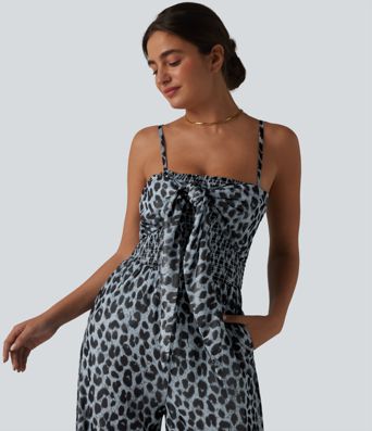 Tie-front Shirred Leopard Mesh Casual Slip Baggy Jumpsuit with Pockets Tie-front Shirred Leopard Mesh Casual Slip Baggy Jumpsuit with Pockets