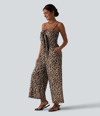 Tie-front Shirred Leopard Mesh Casual Slip Baggy Jumpsuit with Pockets Tie-front Shirred Leopard Mesh Casual Slip Baggy Jumpsuit with Pockets