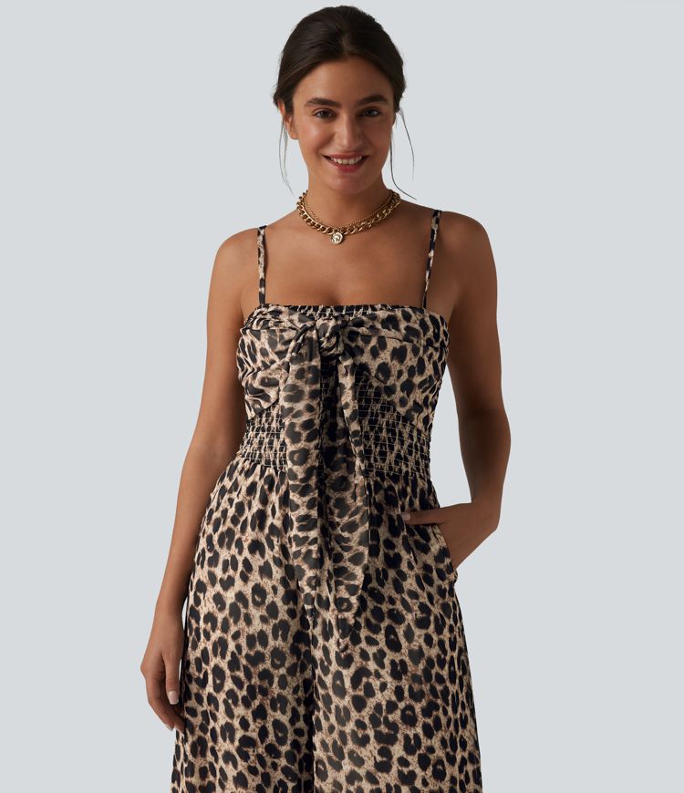 Tie-front Shirred Leopard Mesh Casual Slip Baggy Jumpsuit with Pockets Tie-front Shirred Leopard Mesh Casual Slip Baggy Jumpsuit with Pockets