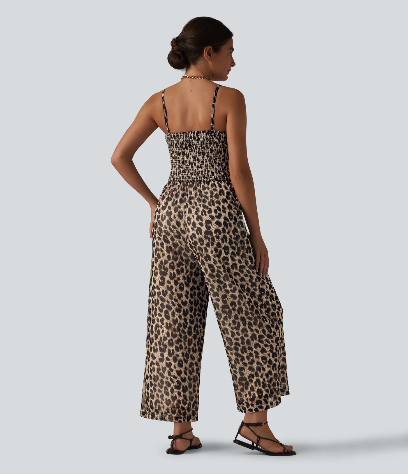 Tie-front Shirred Leopard Mesh Casual Slip Baggy Jumpsuit with Pockets Tie-front Shirred Leopard Mesh Casual Slip Baggy Jumpsuit with Pockets
