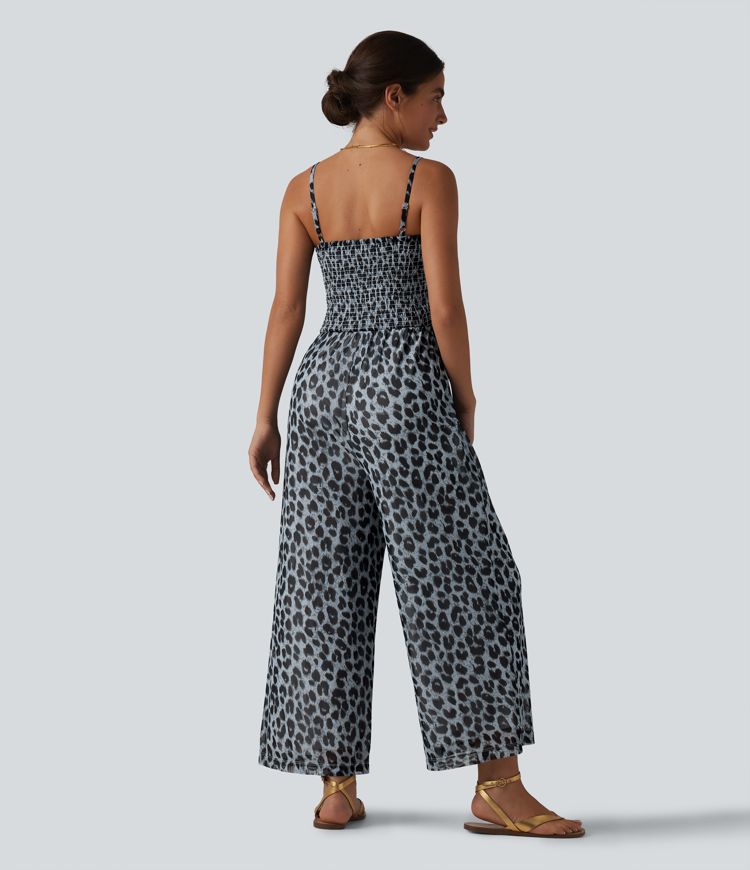Tie-front Shirred Leopard Mesh Casual Slip Baggy Jumpsuit with Pockets Tie-front Shirred Leopard Mesh Casual Slip Baggy Jumpsuit with Pockets