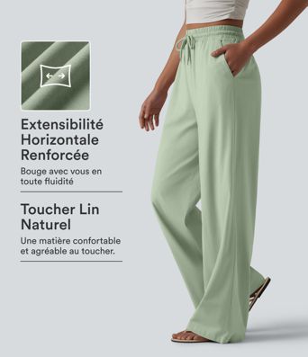 Pantalon large fluide en lin stretch taille haute avec cordon de serrage et poches