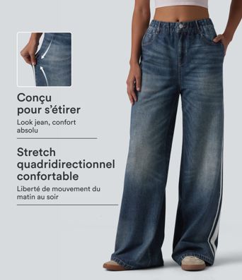 Jean de survêtement décontracté à rayures en tissu éponge français imprimé denim taille mi-haute avec poches