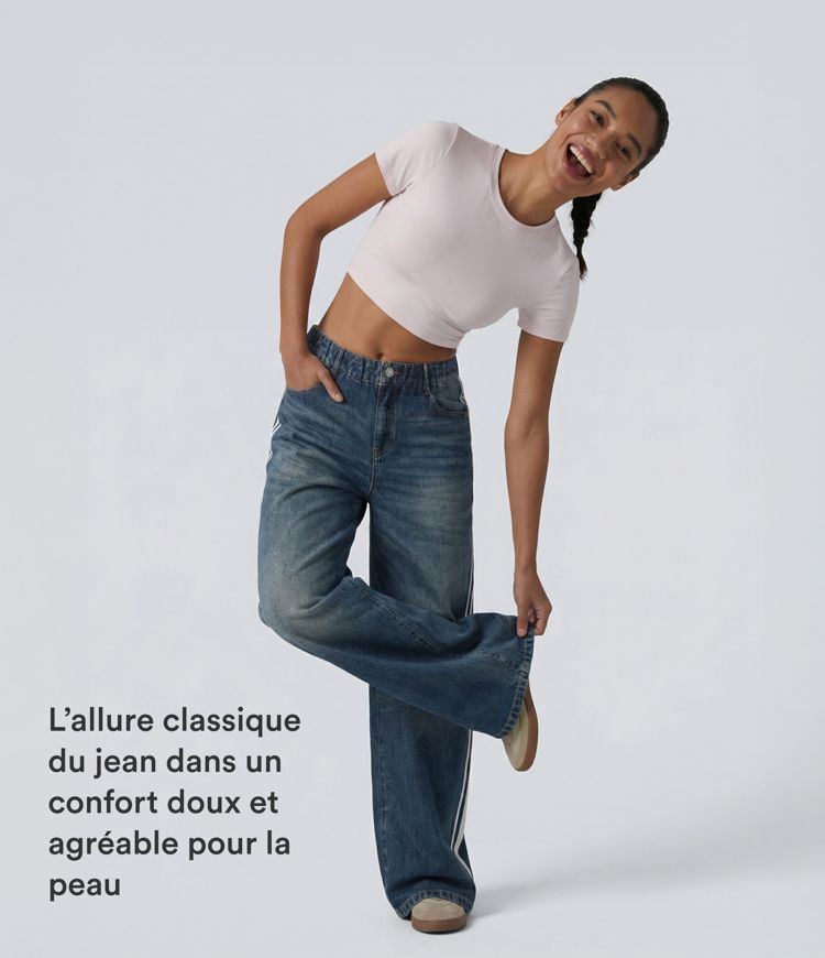 Jean de survêtement décontracté à rayures en tissu éponge français imprimé denim taille mi-haute avec poches