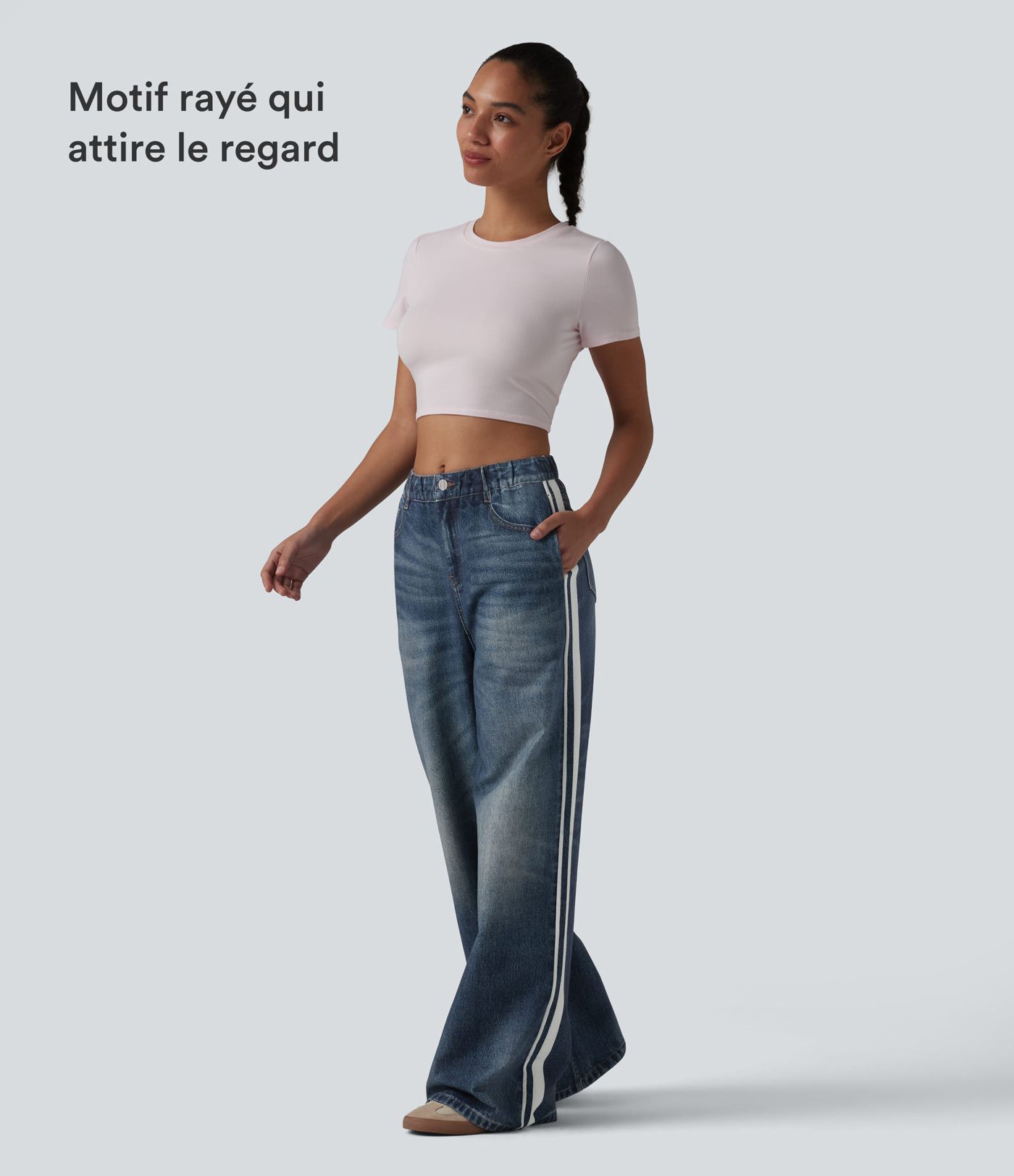 Jean de survêtement décontracté à rayures en tissu éponge français imprimé denim taille mi-haute avec poches