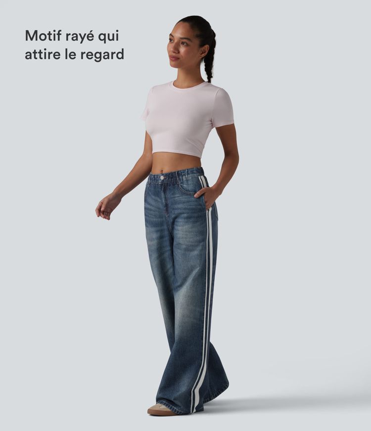 Jean de survêtement décontracté à rayures en tissu éponge français imprimé denim taille mi-haute avec poches