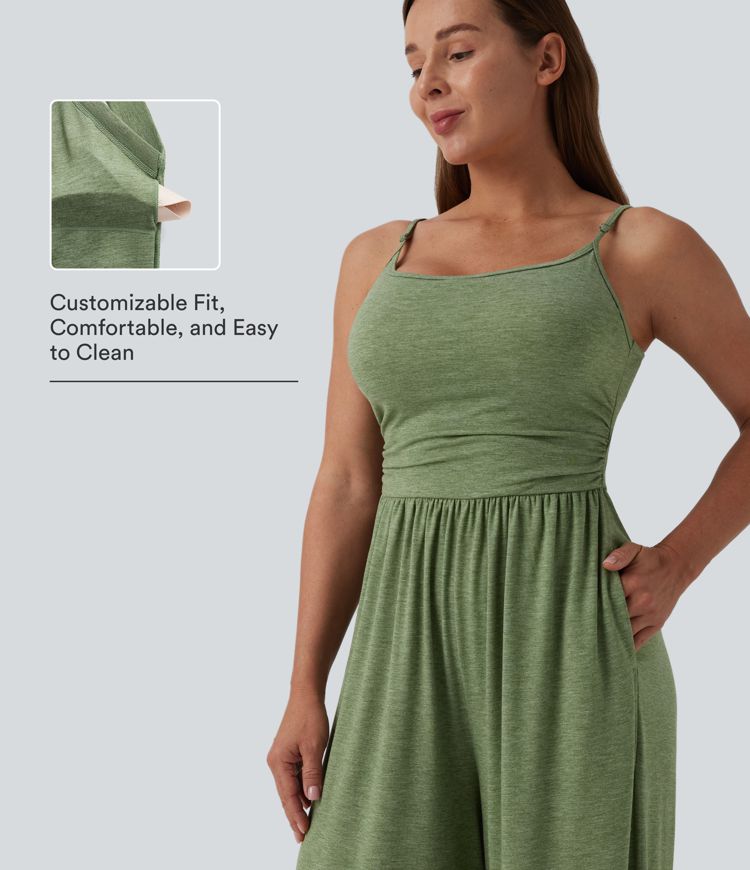 Adjustable Straps Ruched Wide Leg Heathered Casual Jumpsuit with Pockets-Easy Peezy