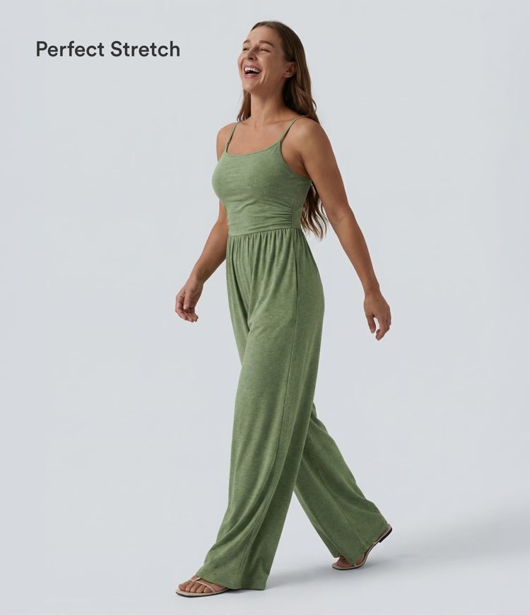Adjustable Straps Ruched Wide Leg Heathered Casual Jumpsuit with Pockets-Easy Peezy
