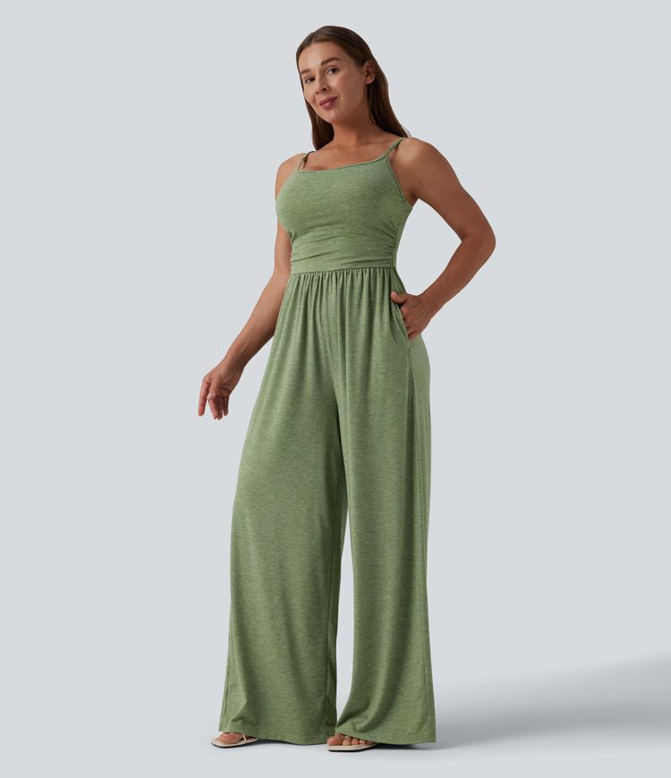 Adjustable Straps Ruched Wide Leg Heathered Casual Jumpsuit with Pockets-Easy Peezy