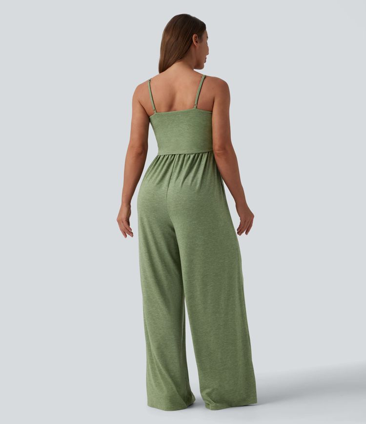 Adjustable Straps Ruched Wide Leg Heathered Casual Jumpsuit with Pockets-Easy Peezy