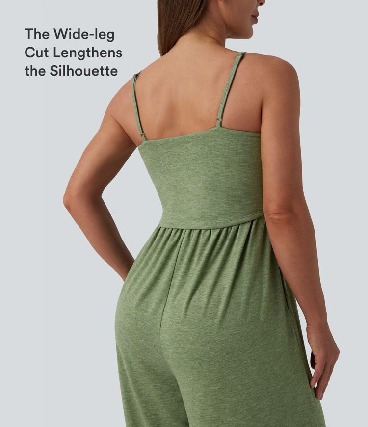 Adjustable Straps Ruched Wide Leg Heathered Casual Jumpsuit with Pockets-Easy Peezy