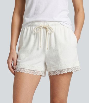Mid Rise Drawstring Contrast Lace Lounge Shorts with Pockets