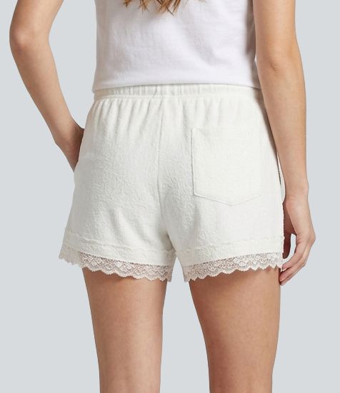 Mid Rise Drawstring Contrast Lace Lounge Shorts with Pockets