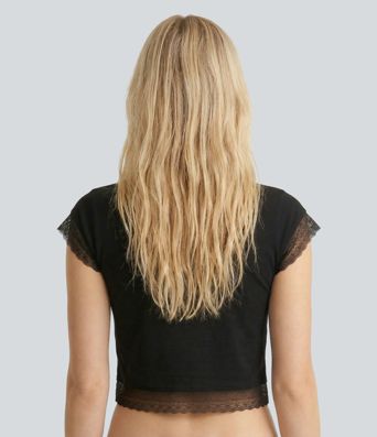 Round Neck Short Sleeve Cropped Contrast Lace Casual Top