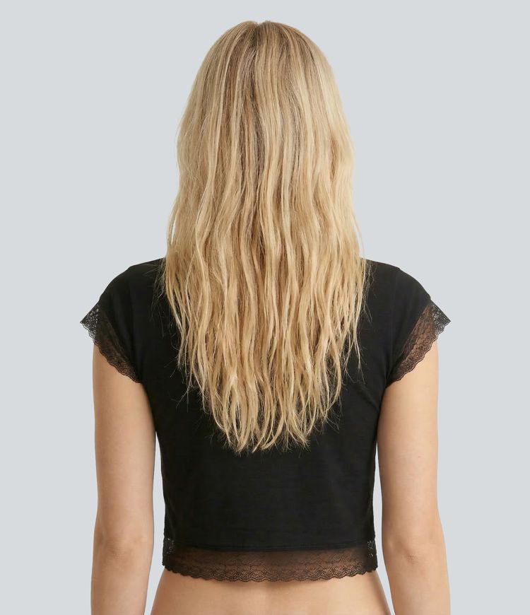 Round Neck Short Sleeve Cropped Contrast Lace Casual Top