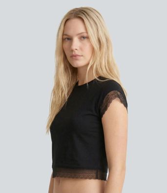 Round Neck Short Sleeve Cropped Contrast Lace Casual Top