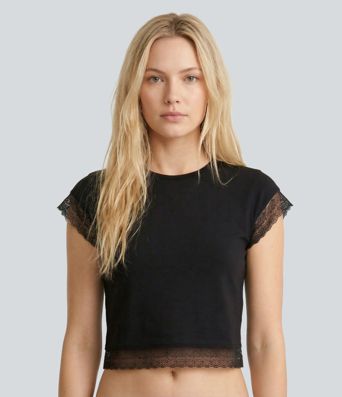 Round Neck Short Sleeve Cropped Contrast Lace Casual Top