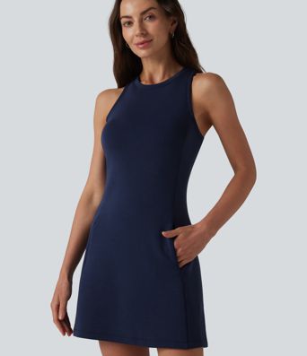 SpacerTek™ Round Neck Sleeveless Mini Casual Dress with Pockets