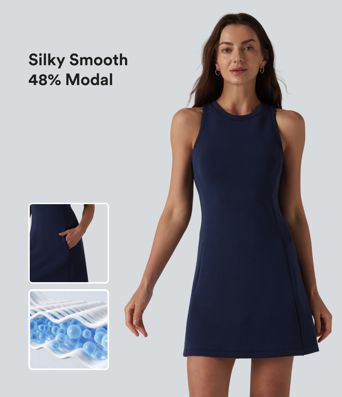 SpacerTek™ Round Neck Sleeveless Mini Casual Dress with Pockets