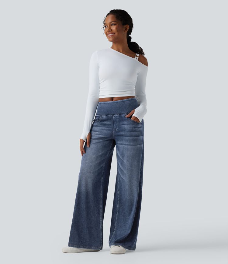 Halara Flex™ Mid Rise Draped Lyocell Washed Casual Baggy Wide Leg Jeans with Pockets