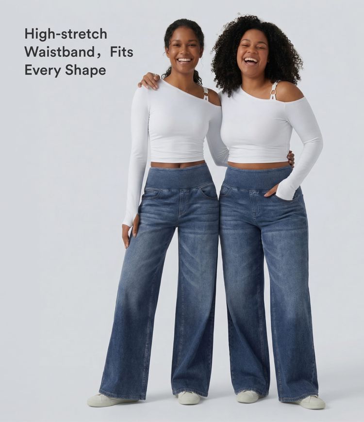 Halara Flex™ Mid Rise Draped Lyocell Washed Casual Baggy Wide Leg Jeans with Pockets
