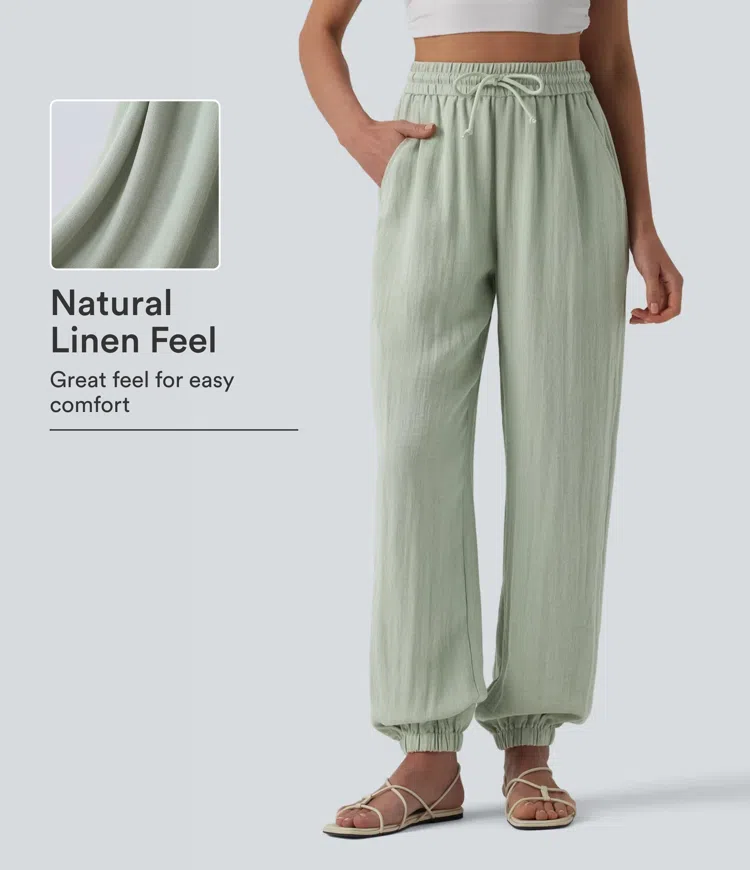 High Waisted Drawstring Wide Leg Casual Linen-Feel Joggers with Pockets