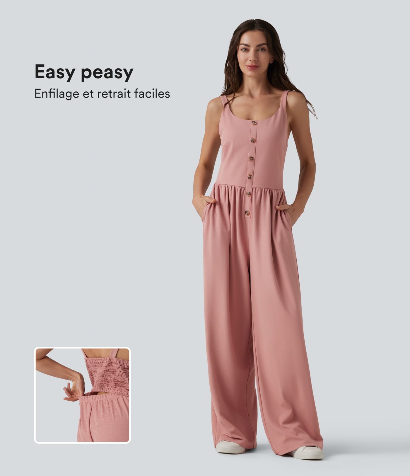 Beliebter Jumpsuit mit U-Ausschnitt, gerafften Details, dekorativen Knöpfen, Waffelstruktur, lässigem Schnitt, weitem Bein und Taschen – Easy Peezy