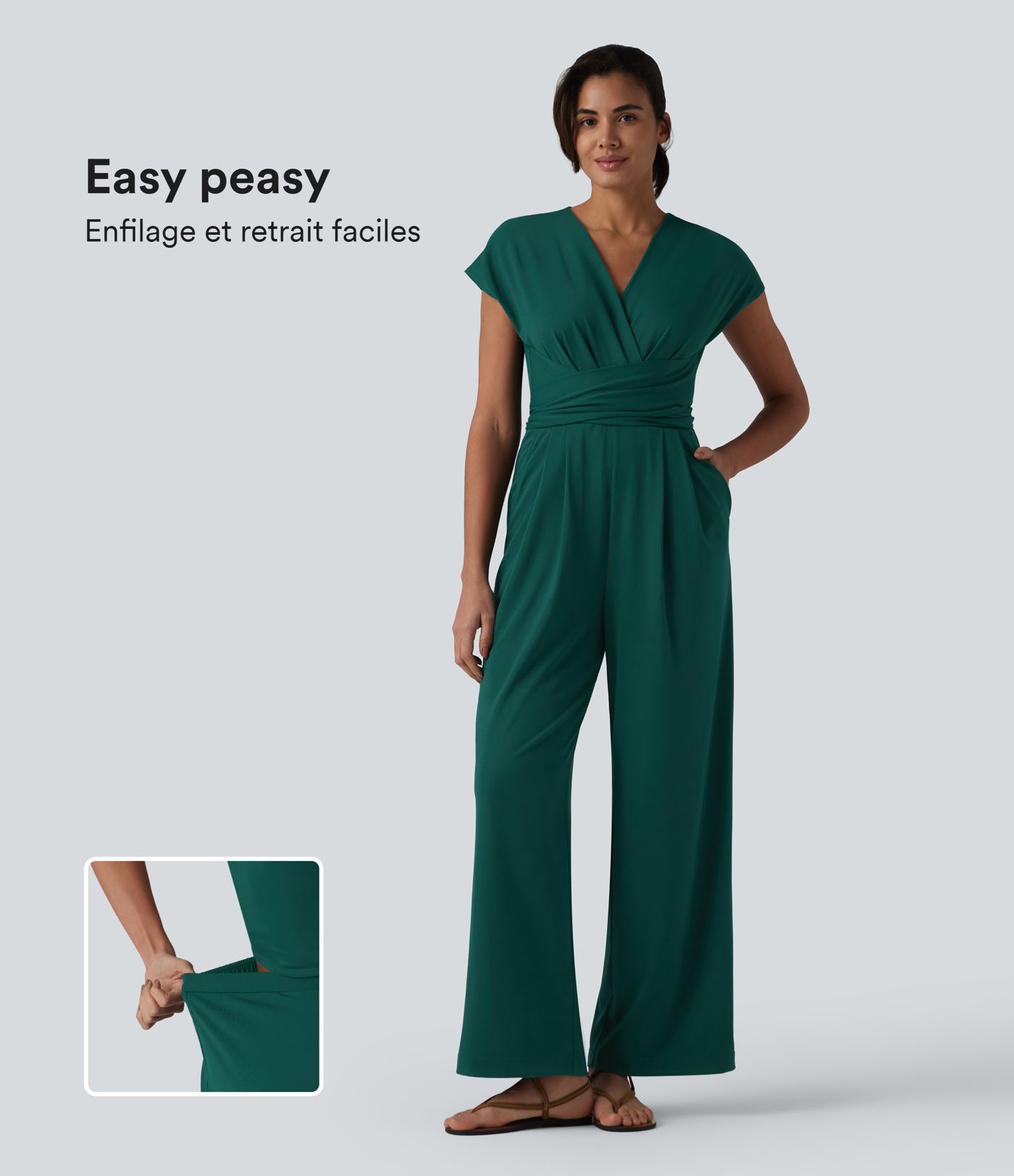 Combinaison tailleur plissée croisée col V à manches courtes avec lien noué et poches — Easy Peasy