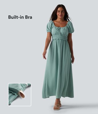 Square Neck Puff Sleeve Shirred Built-in Bra Maxi Casual Flowy Dress with Pockets